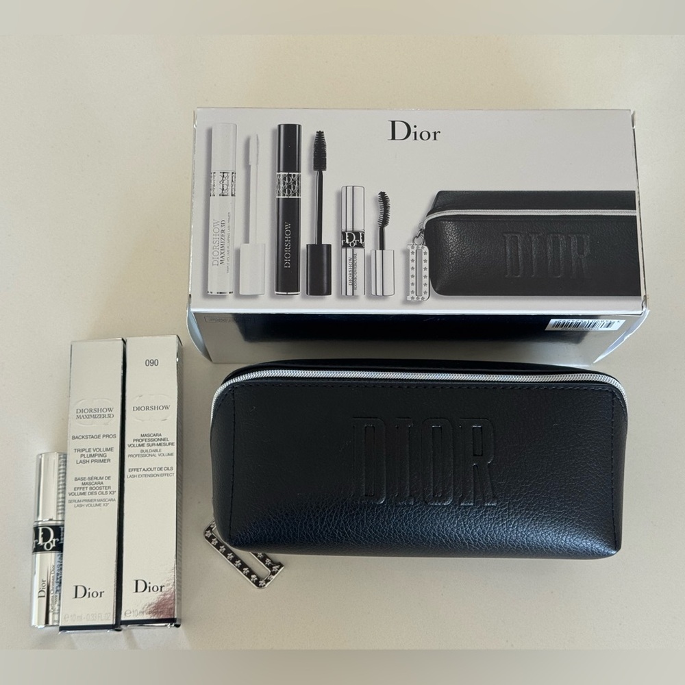 Dior Black Embossed Leather Cosmetic Pouch with Mascara Set BNIB
